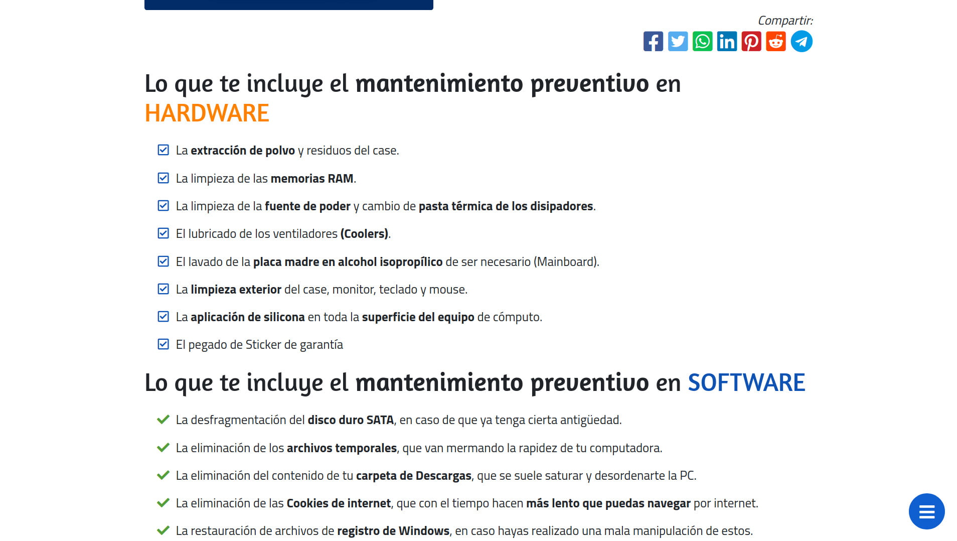 Caracteristicas en landing page de copywriting sobre mantenimiento de hardware