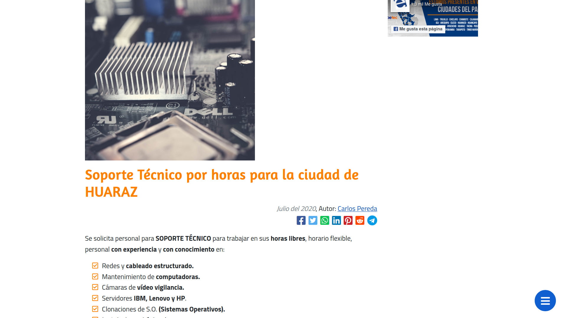 Detalle de oferta de trabajo en sitio web de Empetec SAC