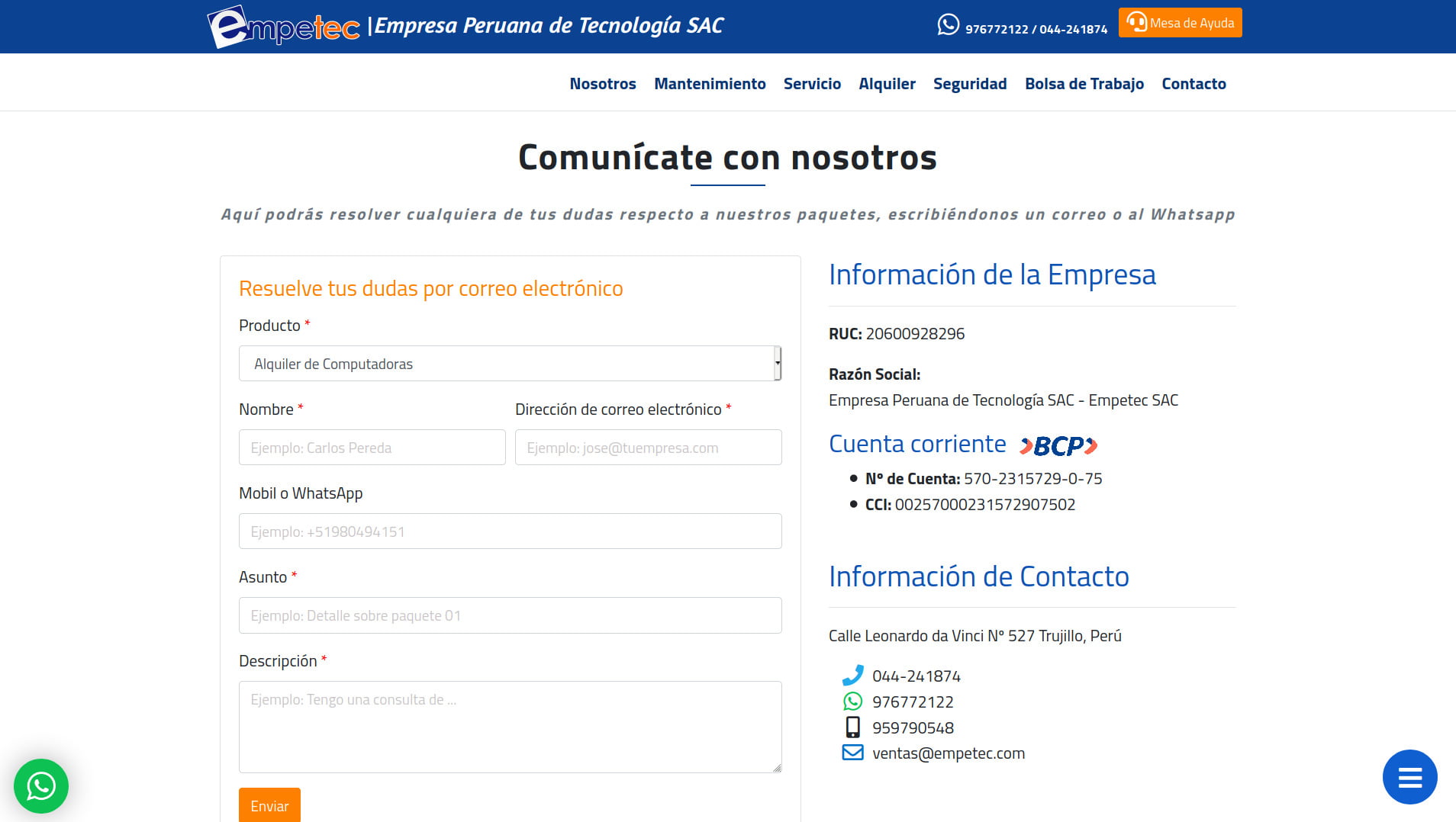 Pagina de contacto de Empetec SAC