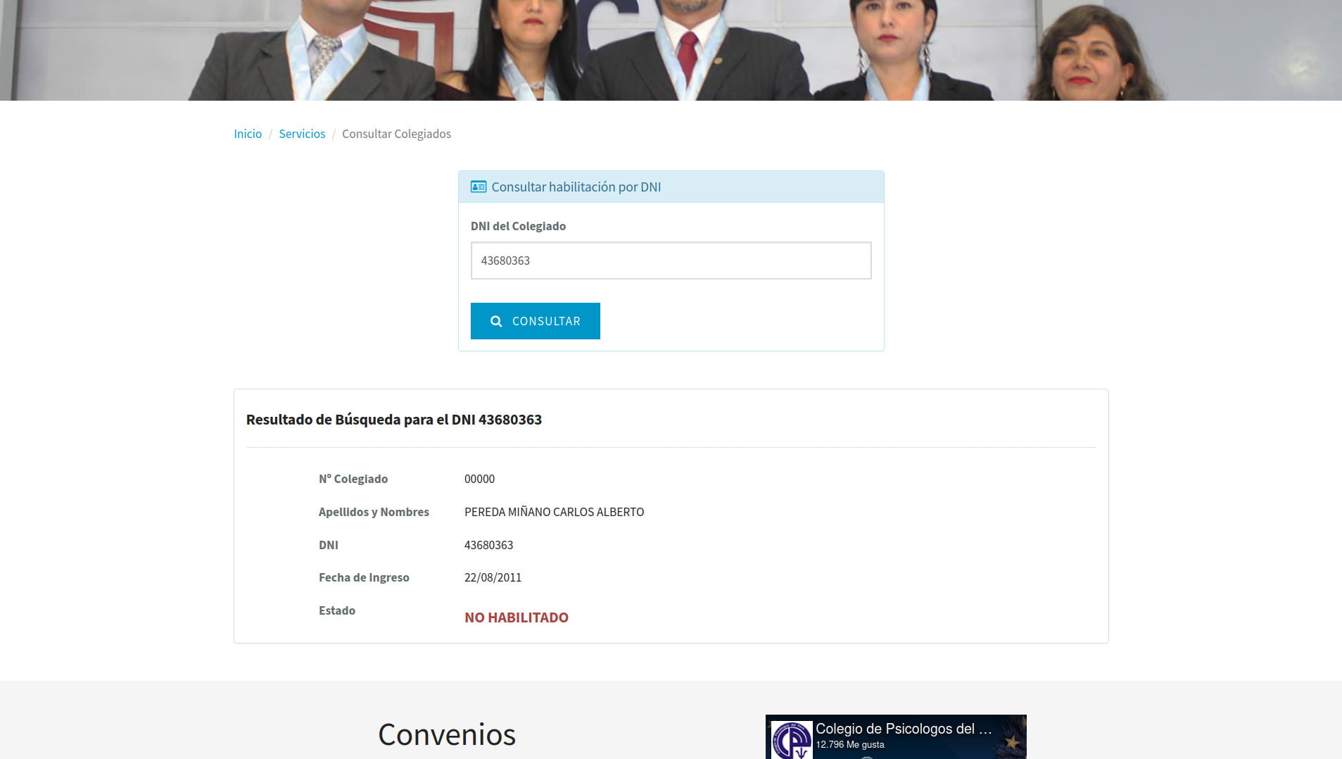 Pagina de consulta de habilitación de colegiado psicologo