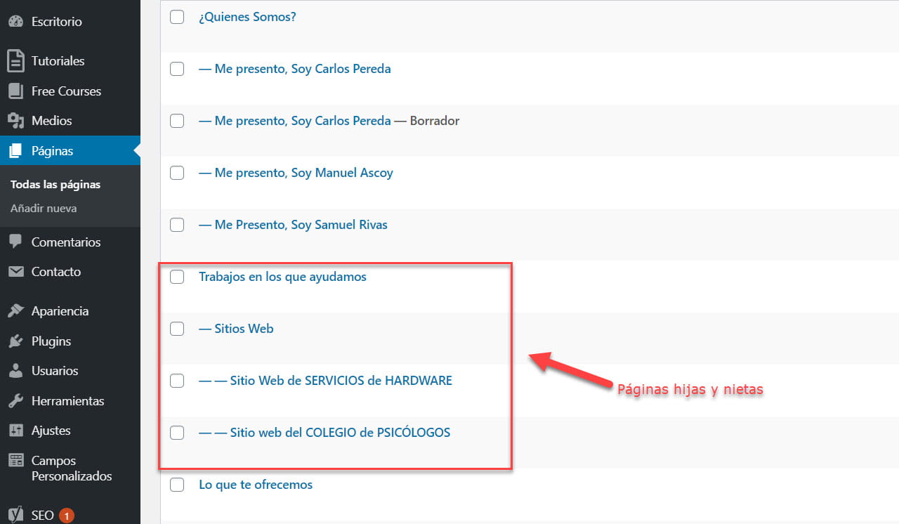 Pantalla de paginas hijas en dashboard de wordpress