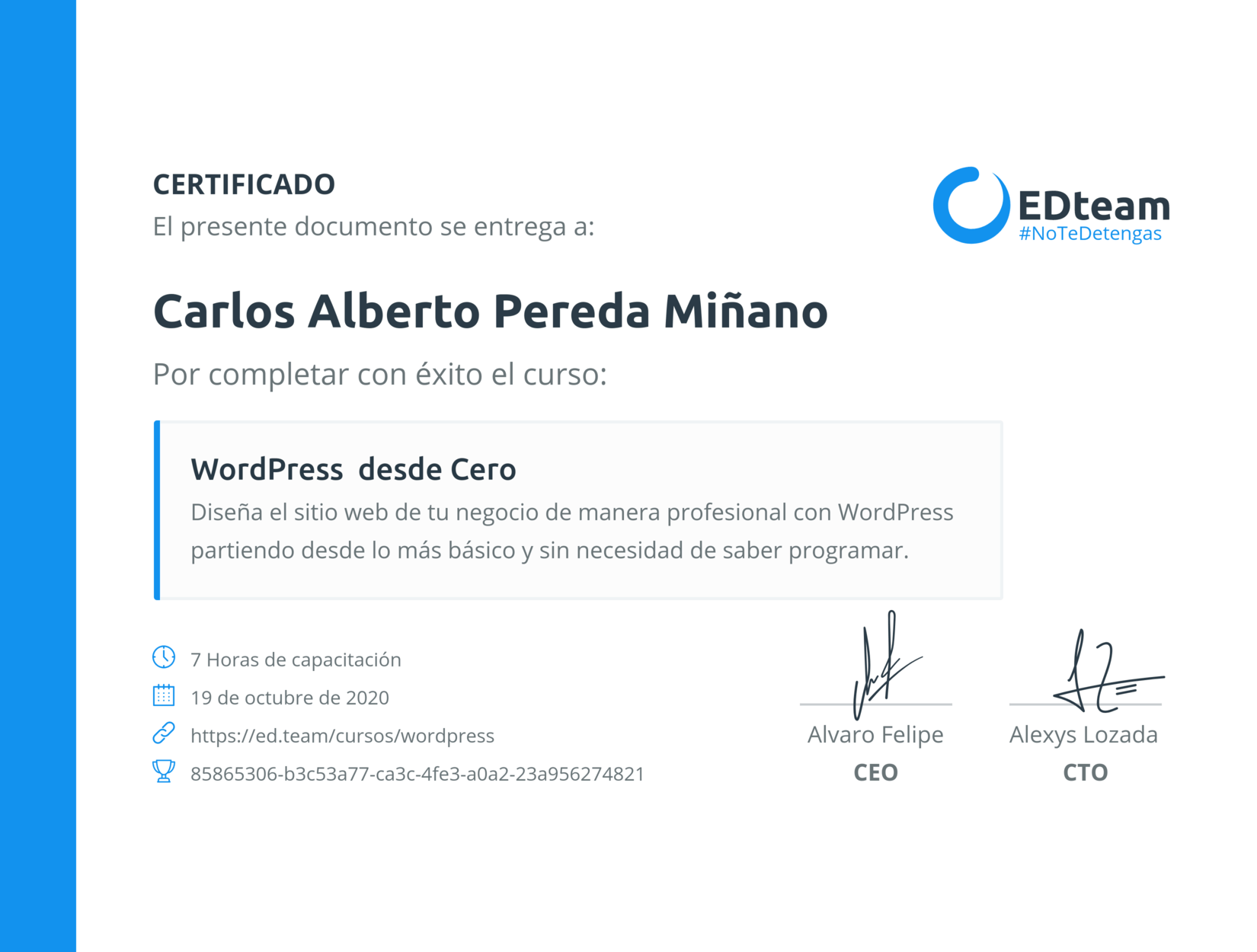 Certificado curso WordPress