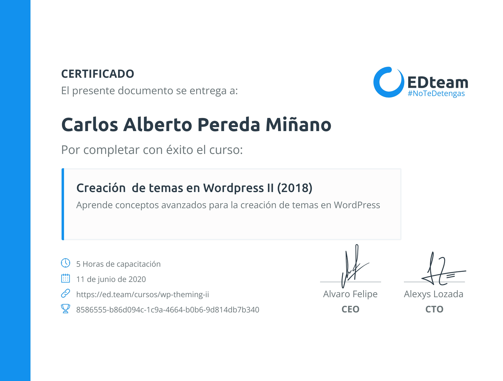 Certificado curso WordPress theming 2