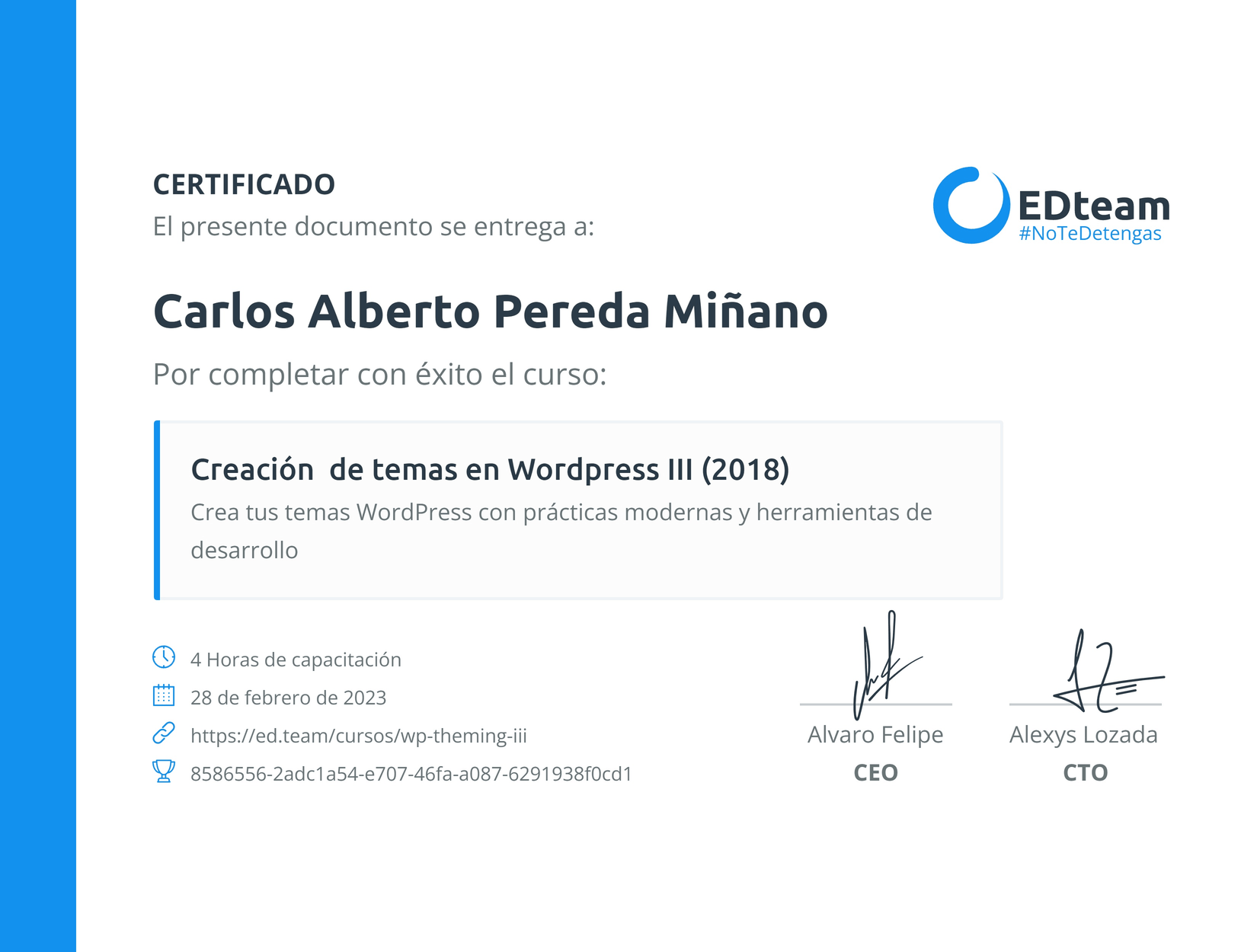 Certificado curso WordPress theming 3